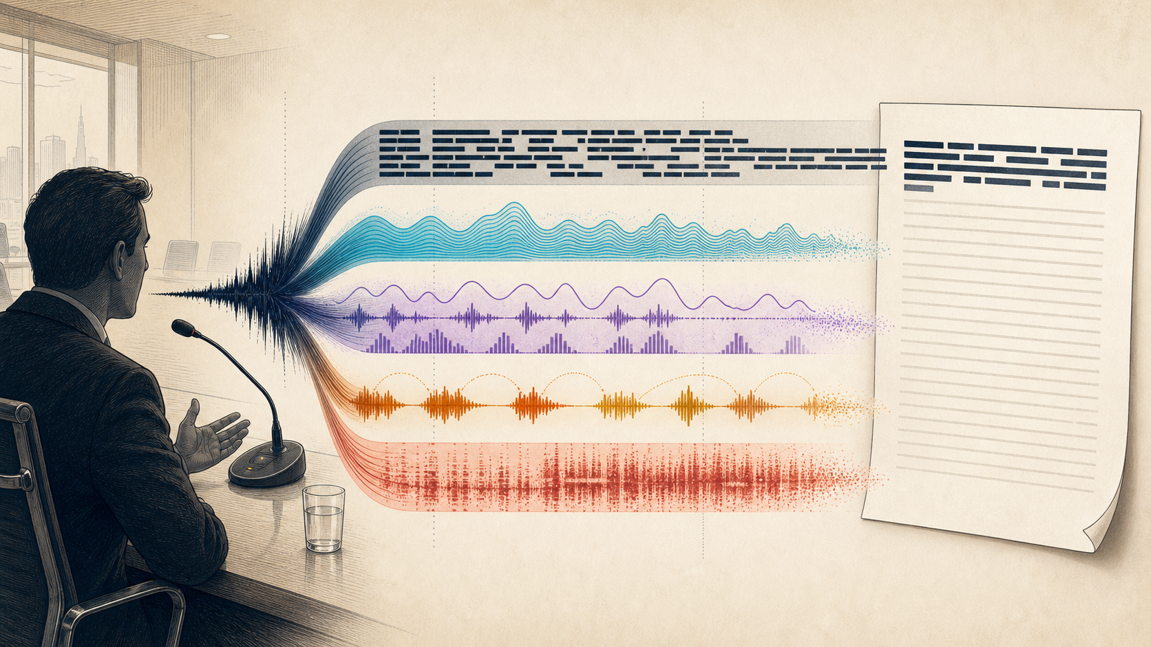 An earnings-call recording separating into words, speaker identity, delivery, interaction, and recording channel, while only the words reach the transcript